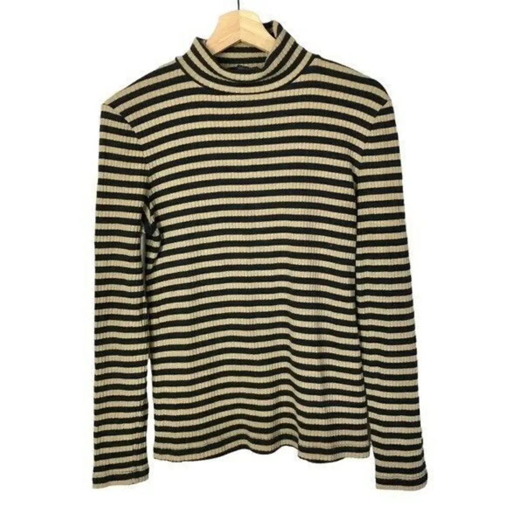 J. Crew Ribbed Long Sleeve Turtleneck Beige & Navy Blue Stripe Long Sleeve L